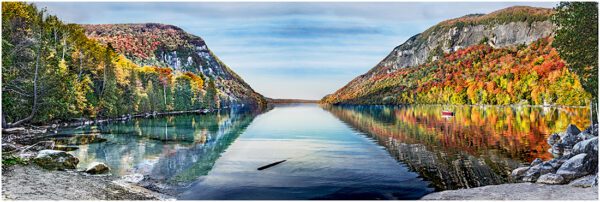 Lake Willoughby surrounded  by color aspen.